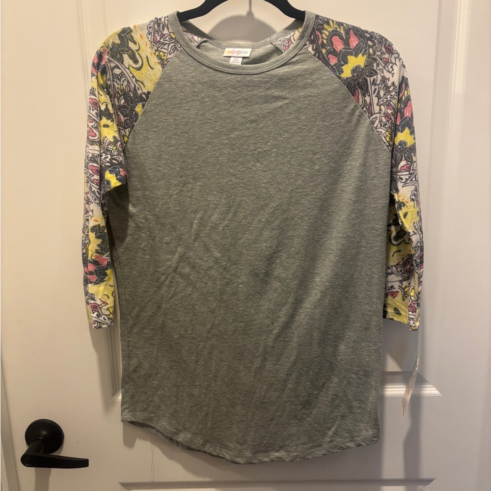LuLaRoe Gray Top with Floral Raglan Sleeves